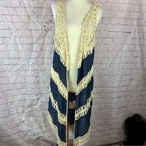 L&B cotton chambray layered crochet fringe Vest boho western womens L/XL layer